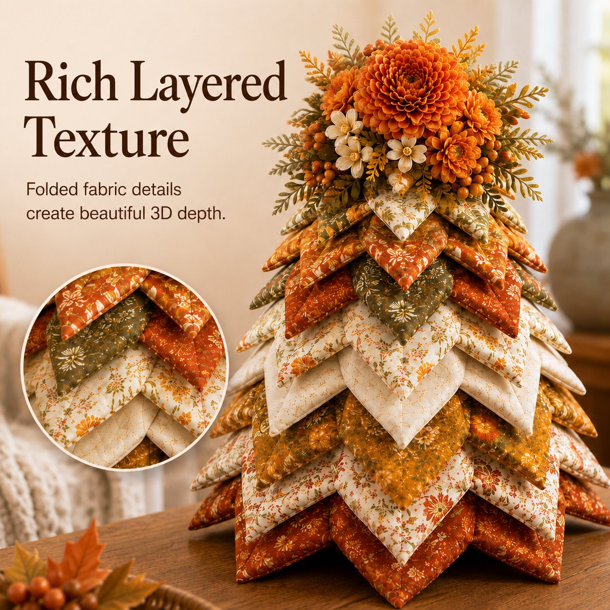 🍂 Beginner-Friendly DIY Fabric Patchwork Fall Tree Kit | Coordinated Autumn Fabrics, Cone Base, Securing Pins & Floral Topper Included 🌼✨