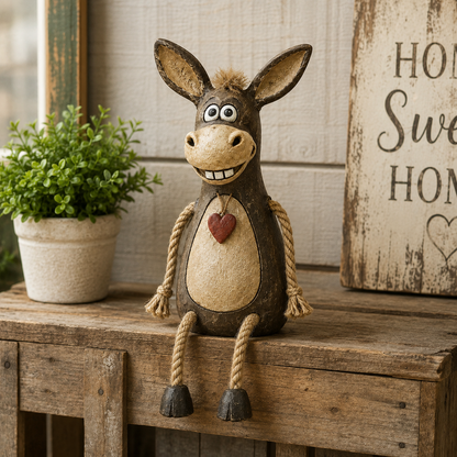 Rustic figurine of a donkey on a plank with rope legs hanging down