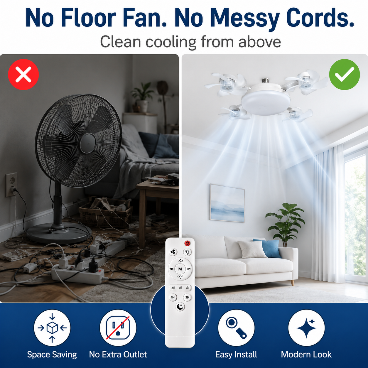 🌬️ SUMMER SALE 50% OFF 💡No-Wiring Ceiling Fan Light with Remote Control