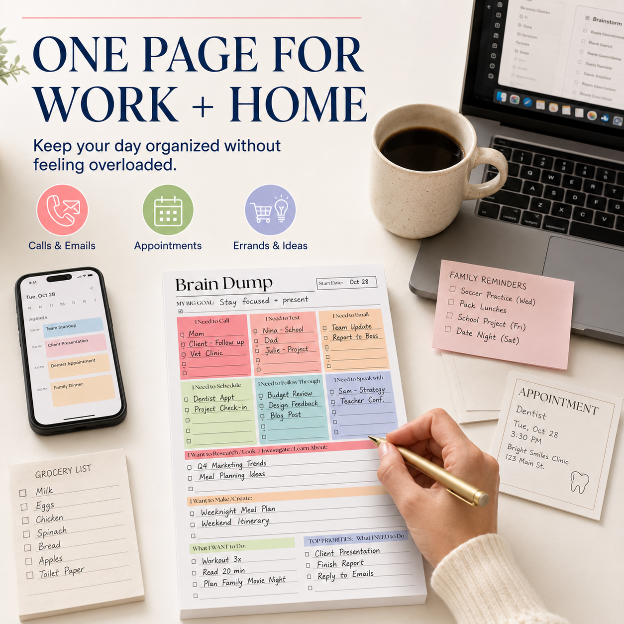 🧠 Brain Dump Planner Pad — Organize Tasks, Priorities & Ideas on One Page ✍️🛒