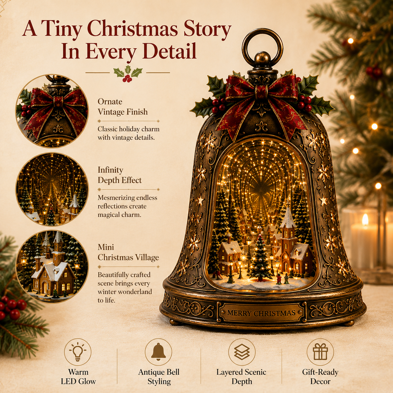 Christmas Village Infinity Bell Lighted 3D Holiday Decor
