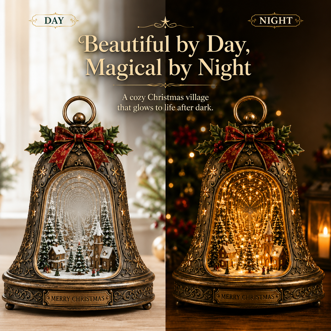 Christmas Village Infinity Bell day and night comparison