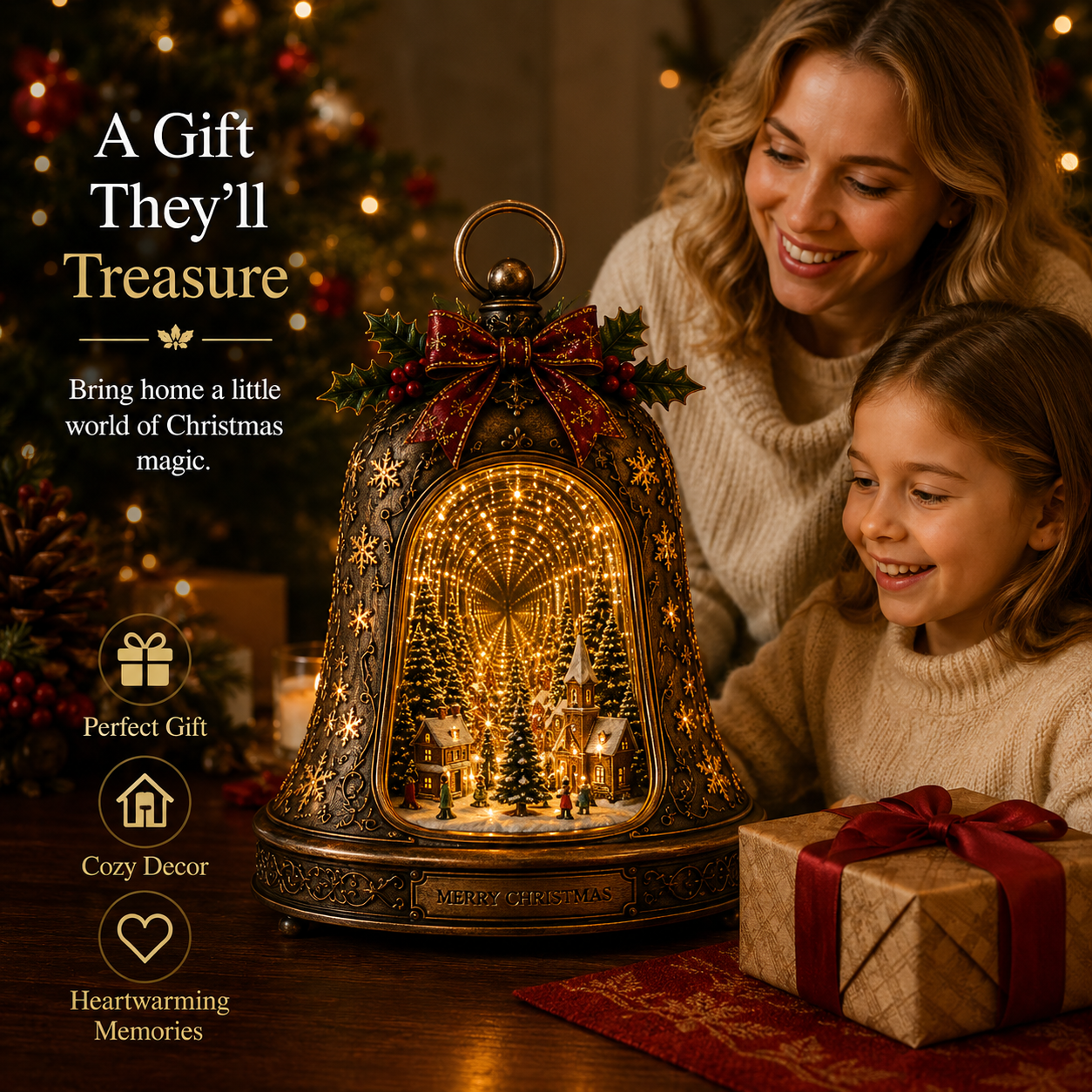 Christmas Village Infinity Bell gift scene