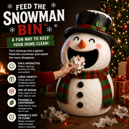 ☃️ Feed The Snowman Bin™ – Fun Christmas Wrapping Paper Cleanup & Holiday Storage
