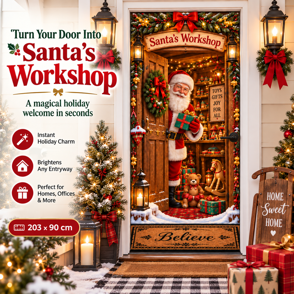Santa's Workshop Christmas door cover creating a festive holiday entryway