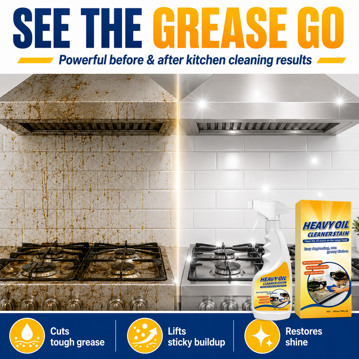 Before and after kitchen grease cleaning results