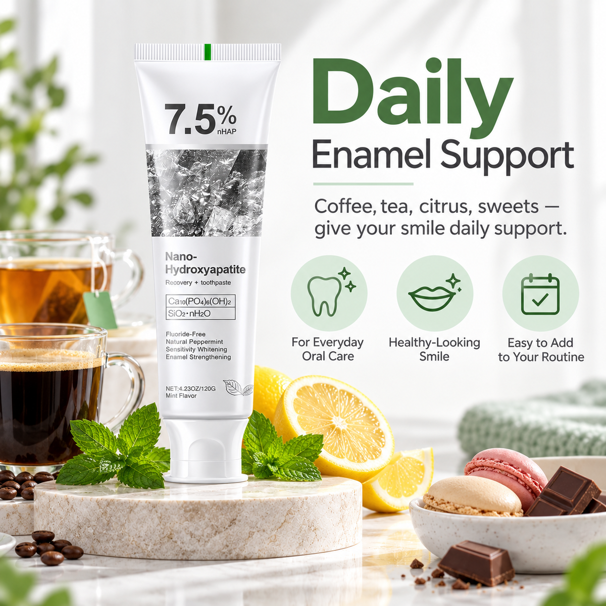 Daily enamel support toothpaste with coffee tea citrus and sweets