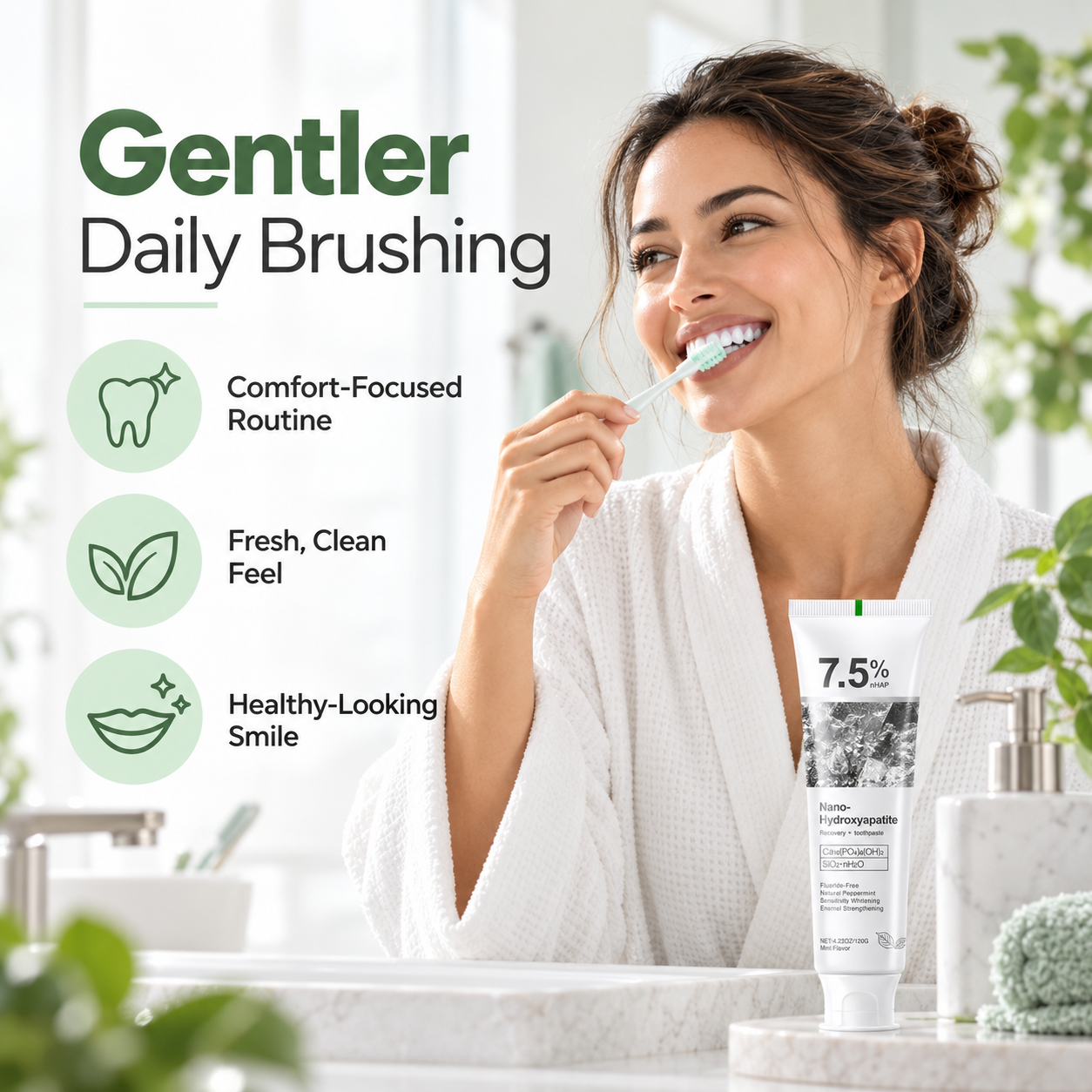 Woman using nano hydroxyapatite toothpaste during daily brushing routine