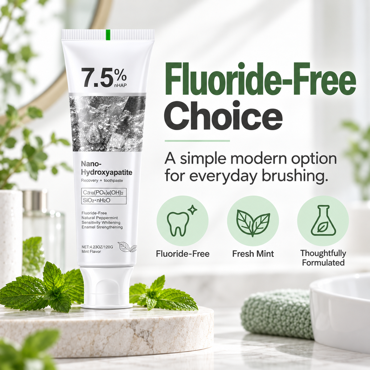 Fluoride-free 7.5 percent nHAP fresh mint toothpaste