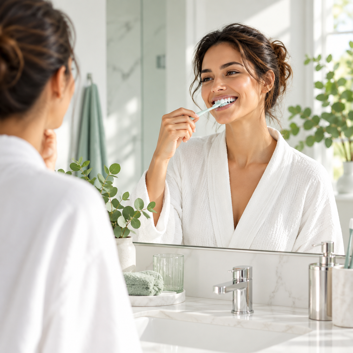 Woman brushing teeth in bright bathroom mirror