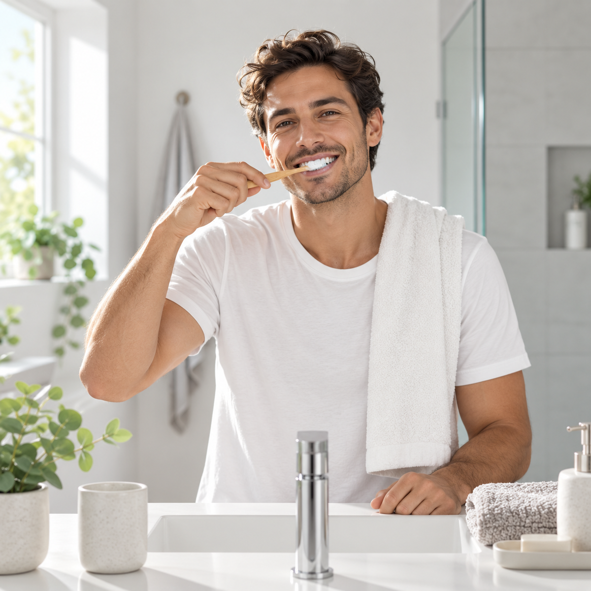 Man brushing teeth as part of his morning oral care routine