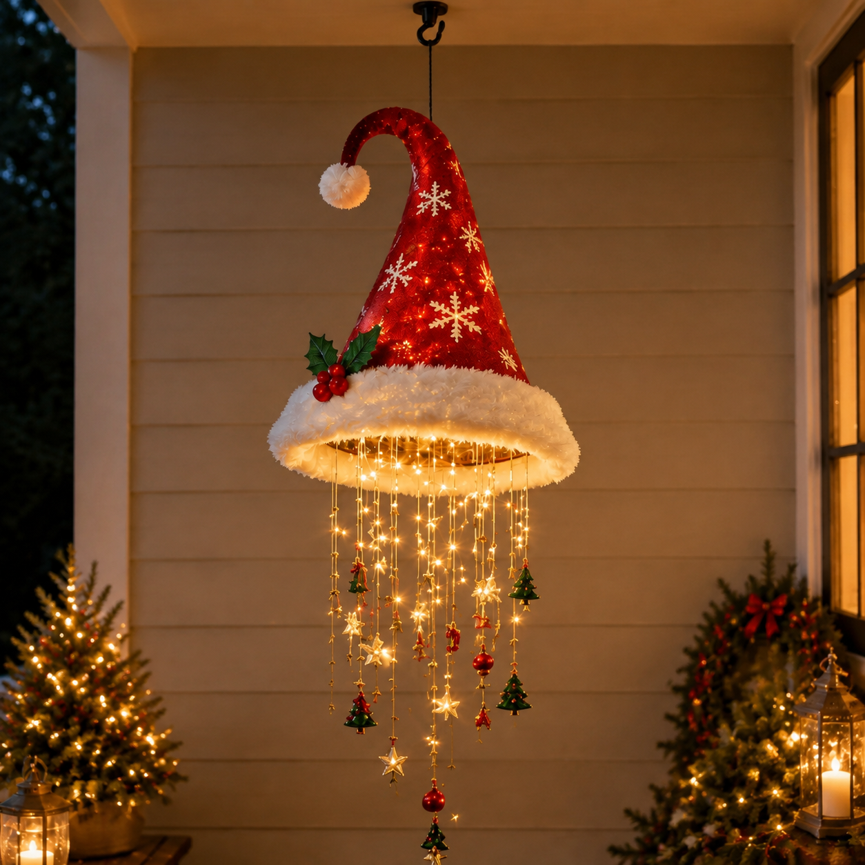 🎅 Lighted Santa Hat Hanging Chandelier 🎄 | 3 Styles Warm LED Christmas String Light | Indoor Outdoor Porch Holiday Decor Gift