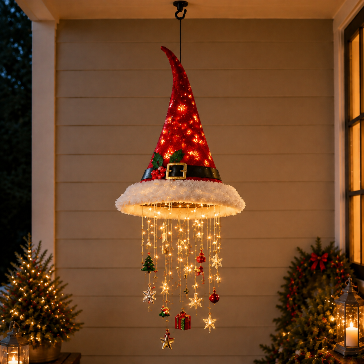 🎅 Lighted Santa Hat Hanging Chandelier 🎄 | 3 Styles Warm LED Christmas String Light | Indoor Outdoor Porch Holiday Decor Gift