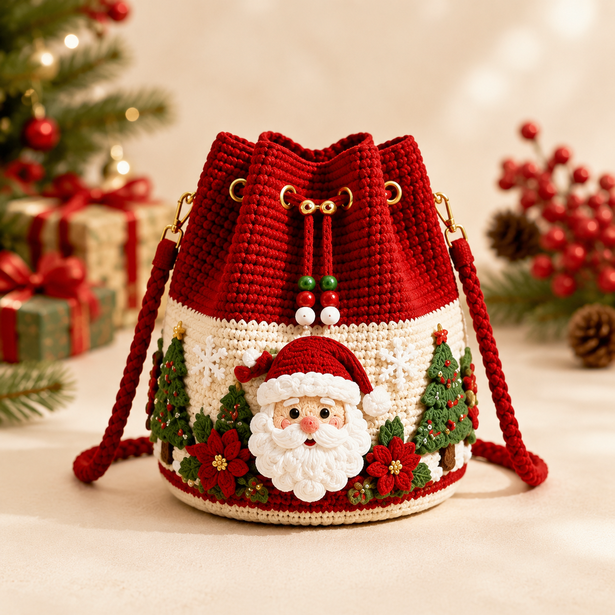 🎄Christmas Crochet Bucket Crossbody Bag 🎅 | 4 Styles Hand‑Knitted Drawstring Shoulder Purse | Festive Holiday Women Handbag Gift