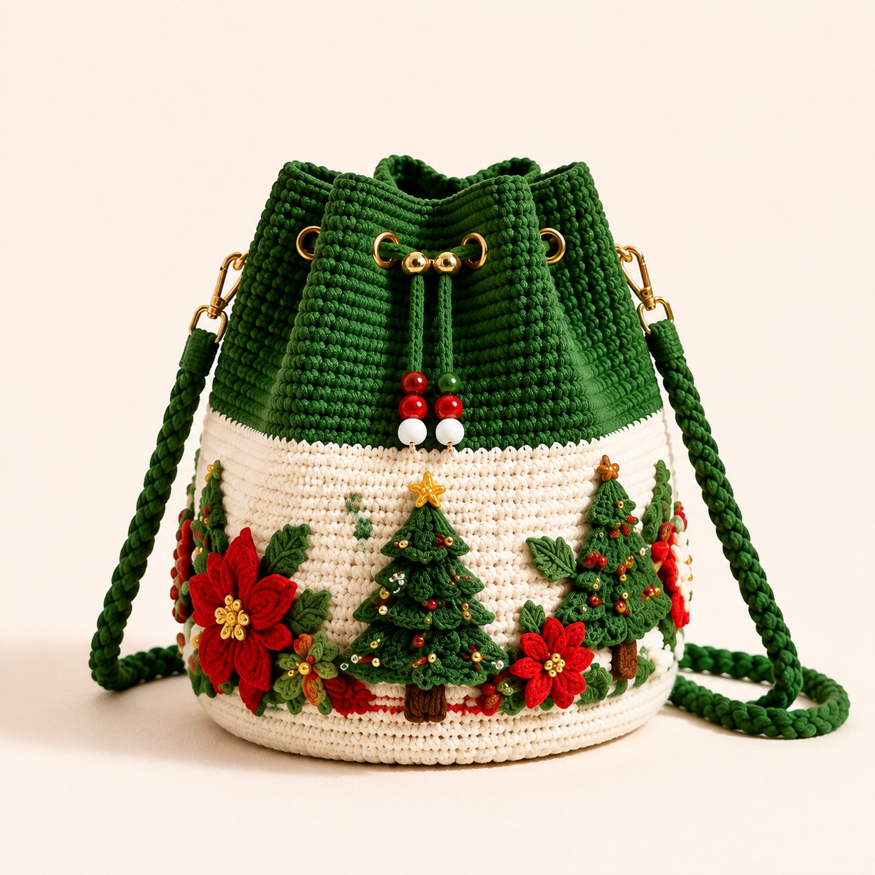 🎄Christmas Crochet Bucket Crossbody Bag 🎅 | 4 Styles Hand‑Knitted Drawstring Shoulder Purse | Festive Holiday Women Handbag Gift