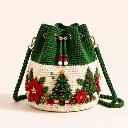 🎄Christmas Crochet Bucket Crossbody Bag 🎅 | 4 Styles Hand‑Knitted Drawstring Shoulder Purse | Festive Holiday Women Handbag Gift