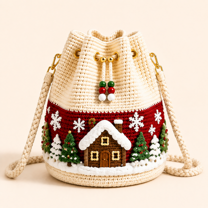 🎄Christmas Crochet Bucket Crossbody Bag 🎅 | 4 Styles Hand‑Knitted Drawstring Shoulder Purse | Festive Holiday Women Handbag Gift