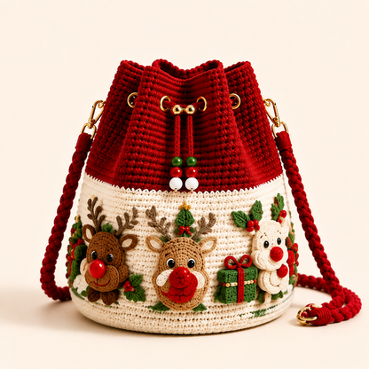 🎄Christmas Crochet Bucket Crossbody Bag 🎅 | 4 Styles Hand‑Knitted Drawstring Shoulder Purse | Festive Holiday Women Handbag Gift