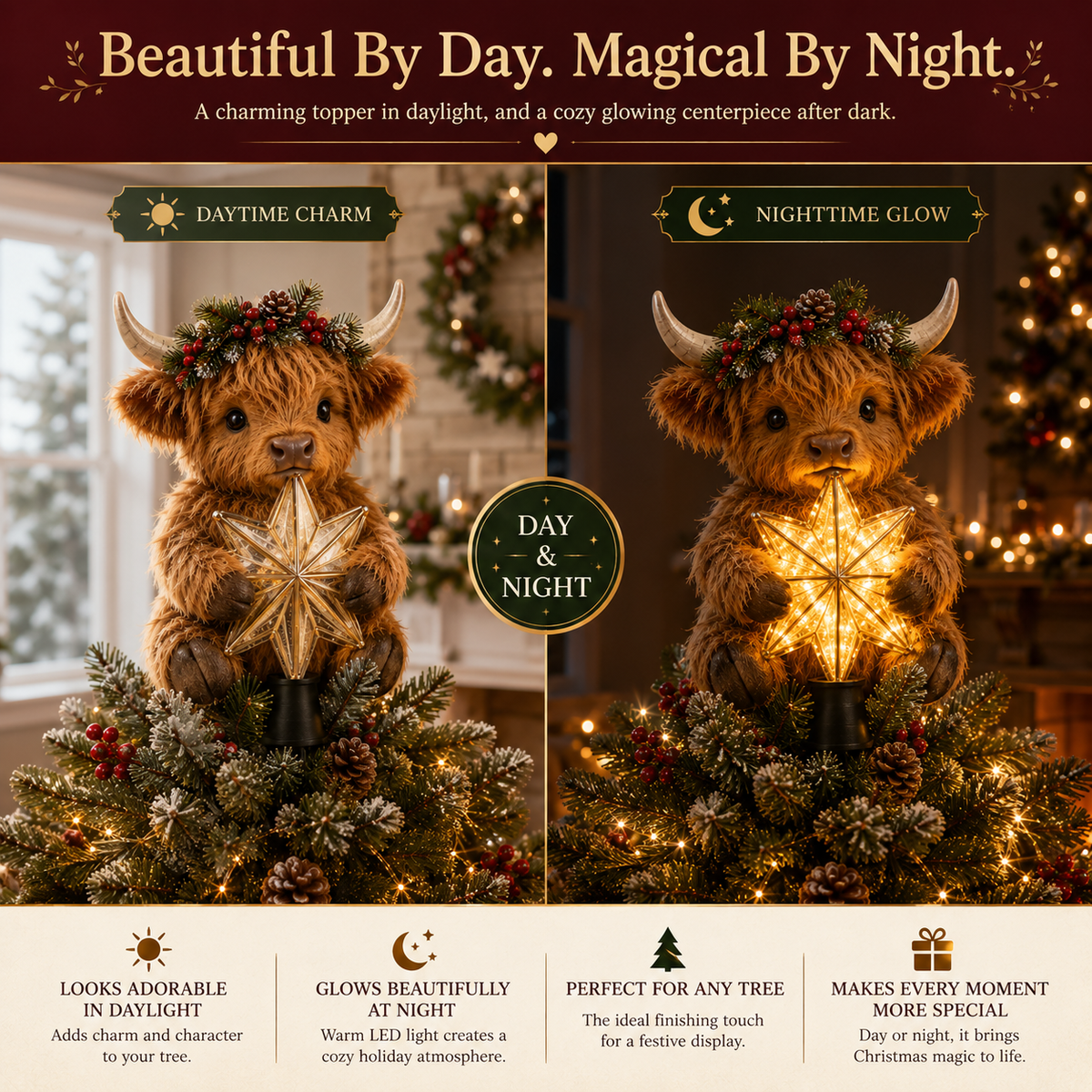 🐮🎄Baby Highland Cow Glowing Star Tree Topper✨✨