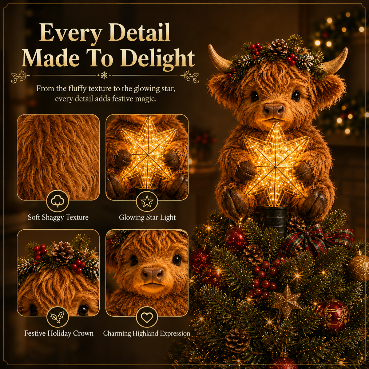 🐮🎄Baby Highland Cow Glowing Star Tree Topper✨✨