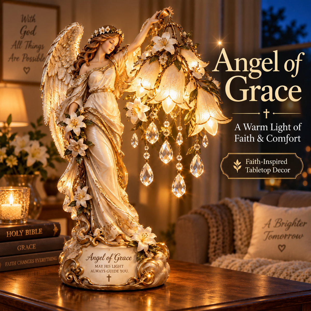 ✨ Angel of Grace™ Lighted Lily Crystal Blessing Lamp – Christian Faith Gift 🙏