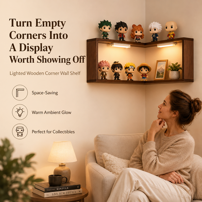 Wooden Corner Wall Shelf with Built-in Lights