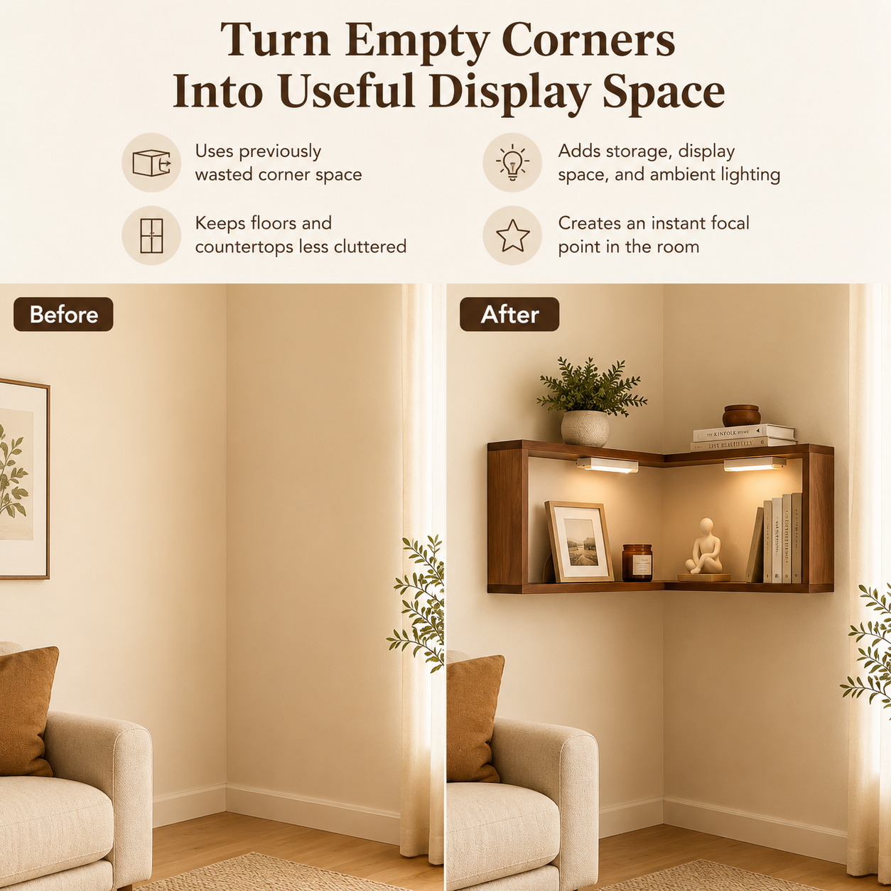 Wooden Corner Wall Shelf with Built-in Lights