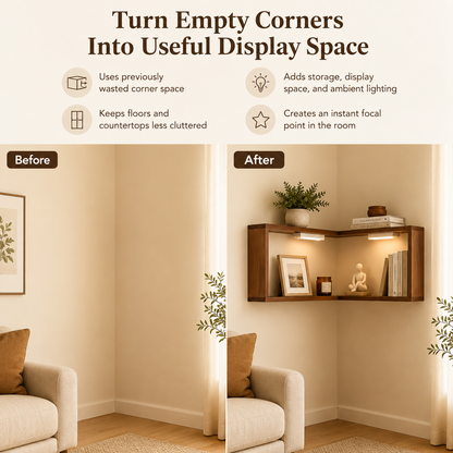 Wooden Corner Wall Shelf with Built-in Lights