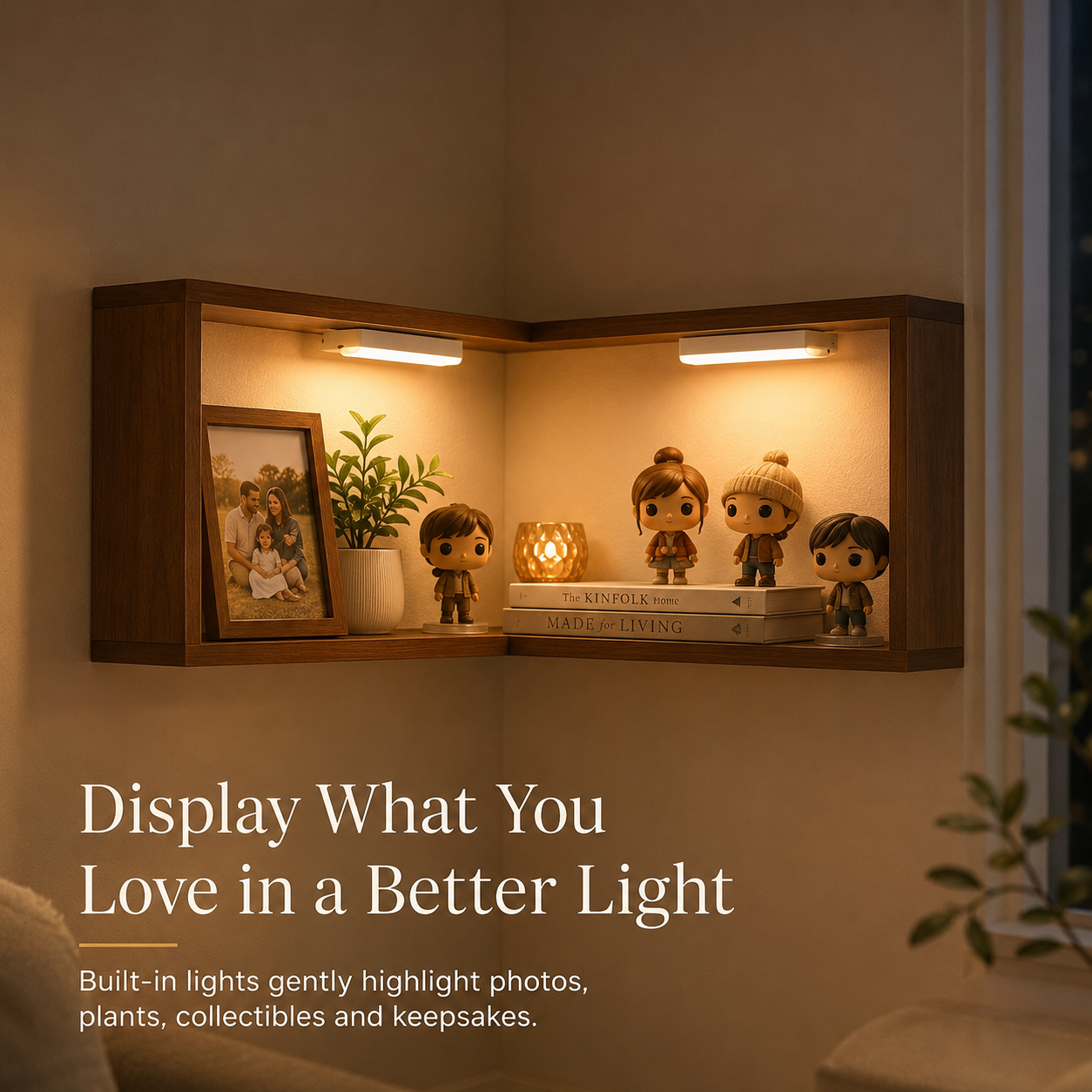 Wooden Corner Wall Shelf with Built-in Lights