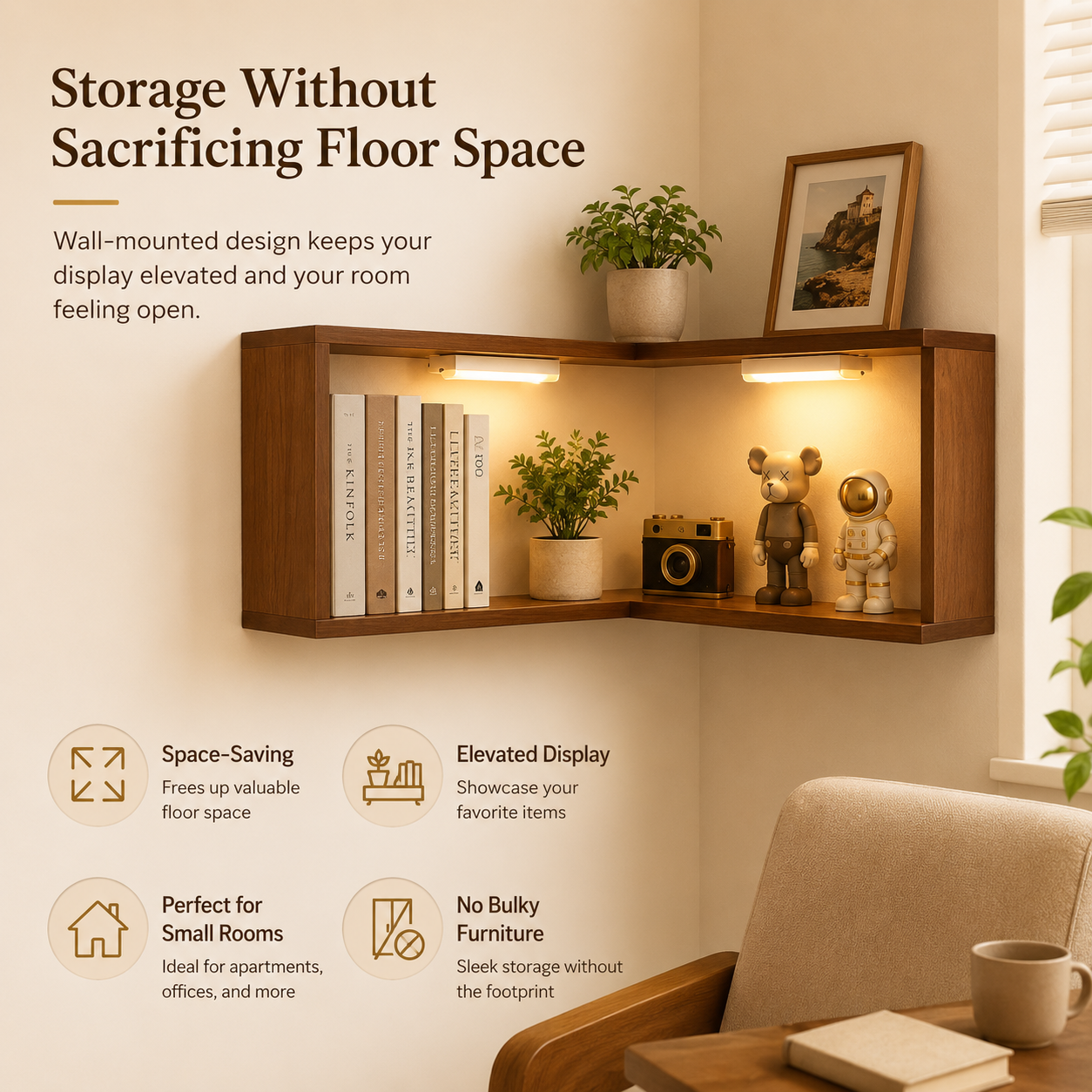 Wooden Corner Wall Shelf with Built-in Lights