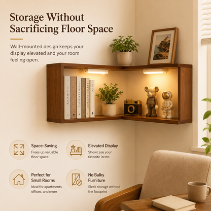 Wooden Corner Wall Shelf with Built-in Lights