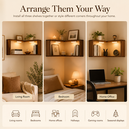 Wooden Corner Wall Shelf with Built-in Lights