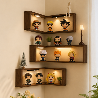 Wooden Corner Wall Shelf with Built-in Lights