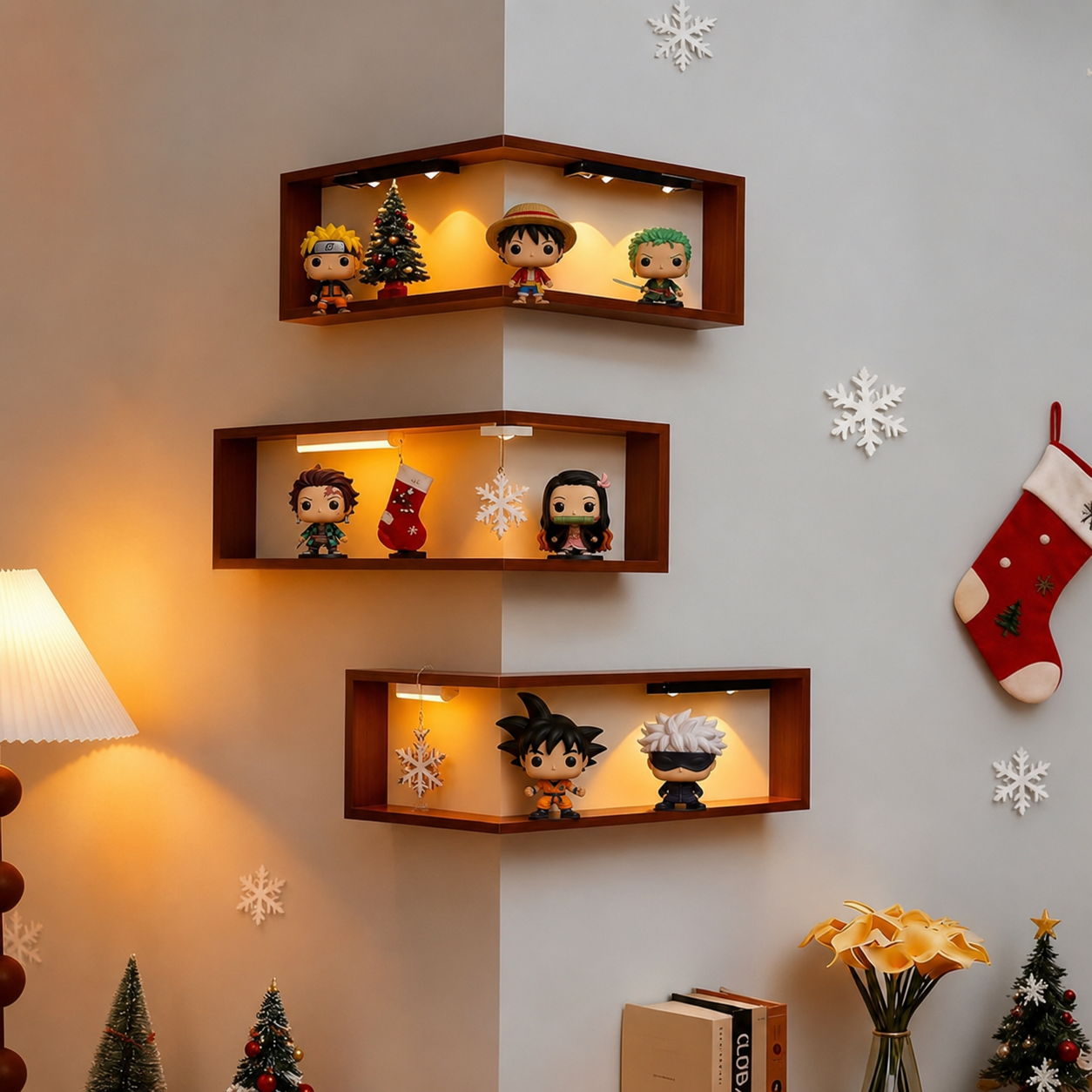Wooden Corner Wall Shelf with Built-in Lights