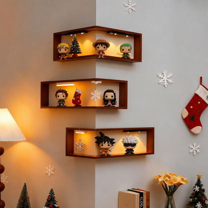 Wooden Corner Wall Shelf with Built-in Lights