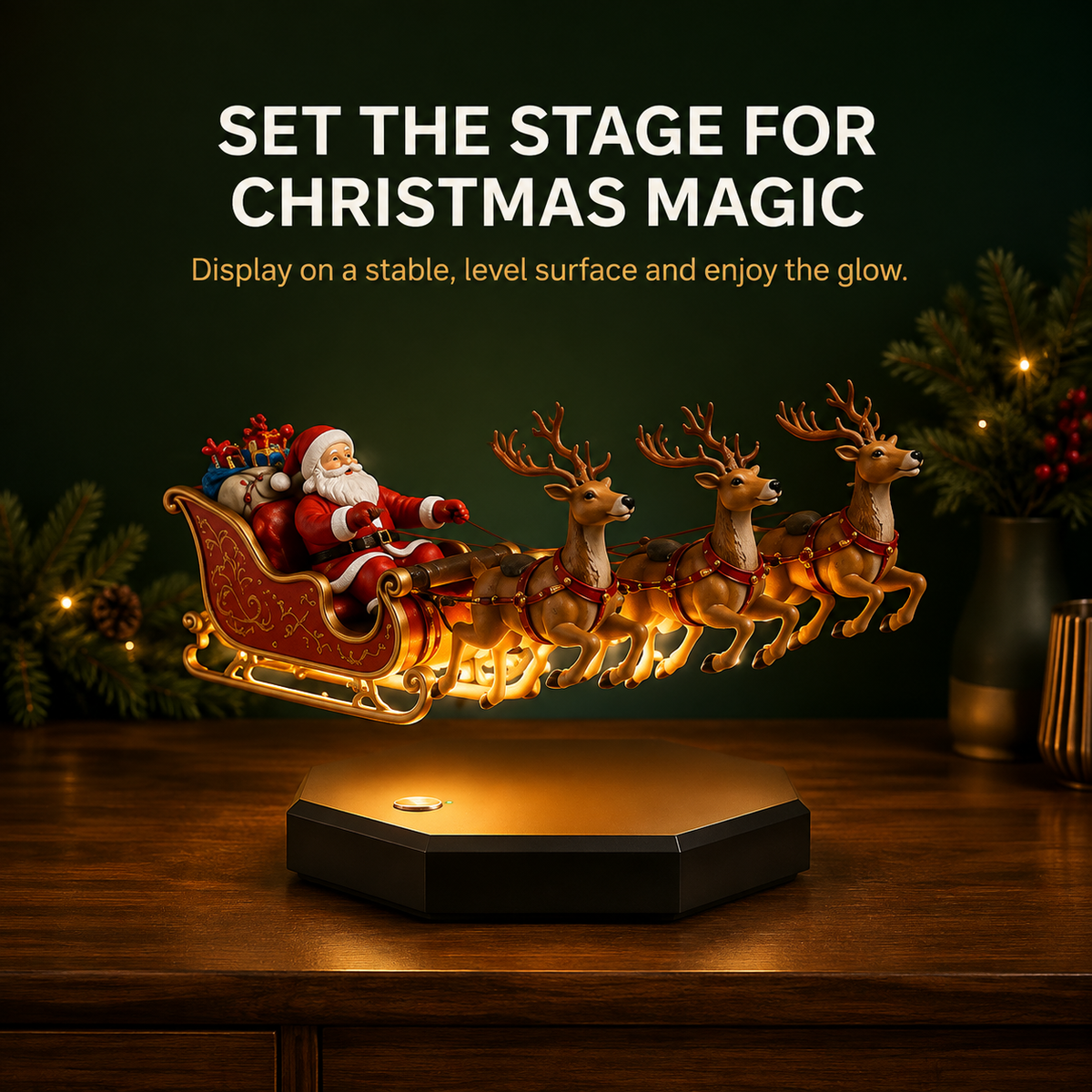 🎅🛷Floating Santa Sleigh with 3 Reindeer-Magnetic Christmas Magic