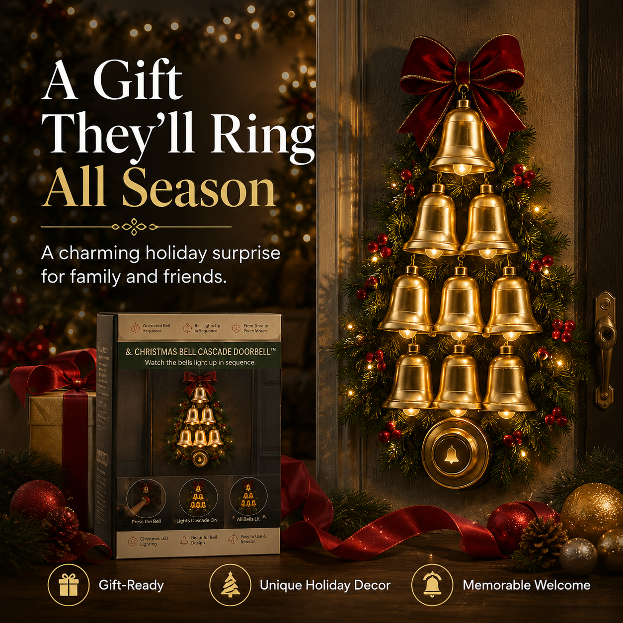 🔔 Christmas Bell Cascade Doorbell™ – Light-Up Holiday Chime Door Decor 🎄