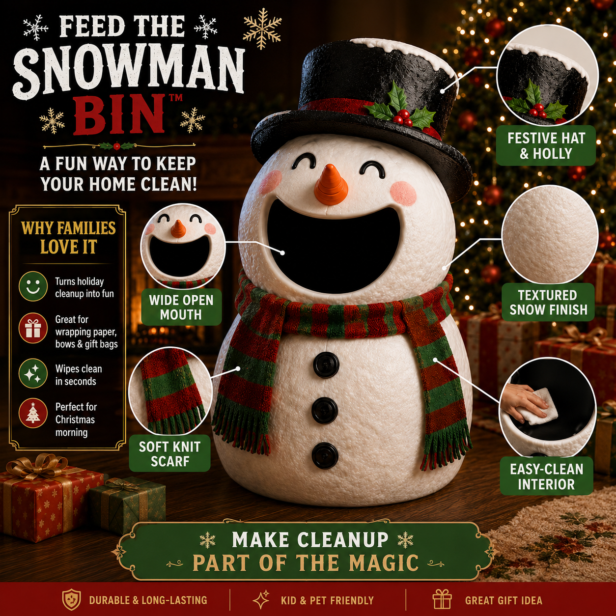 ☃️ Feed The Snowman Bin™ – Fun Christmas Wrapping Paper Cleanup & Holiday Storage