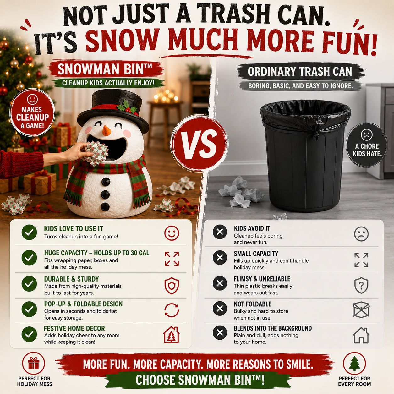 ☃️ Feed The Snowman Bin™ – Fun Christmas Wrapping Paper Cleanup & Holiday Storage