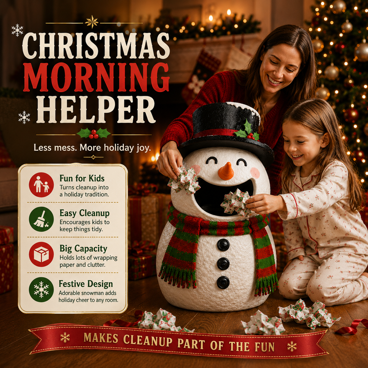 ☃️ Feed The Snowman Bin™ – Fun Christmas Wrapping Paper Cleanup & Holiday Storage