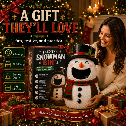 ☃️ Feed The Snowman Bin™ – Fun Christmas Wrapping Paper Cleanup & Holiday Storage