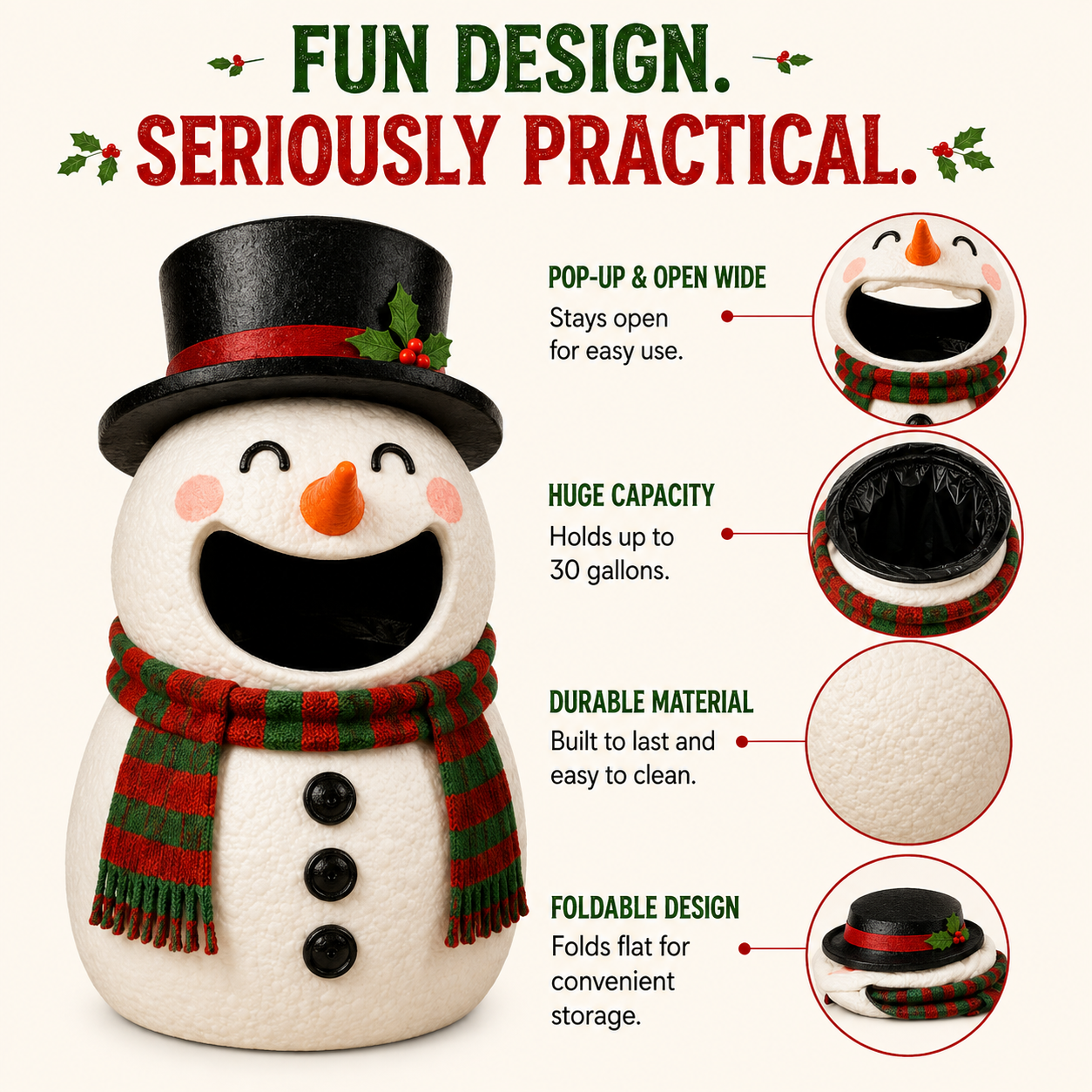 ☃️ Feed The Snowman Bin™ – Fun Christmas Wrapping Paper Cleanup & Holiday Storage