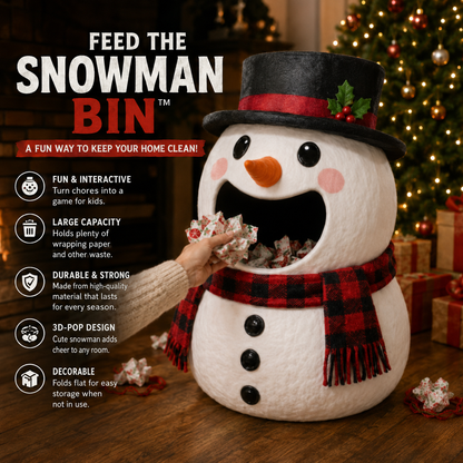☃️ Feed The Snowman Bin™ – Fun Christmas Wrapping Paper Cleanup & Holiday Storage