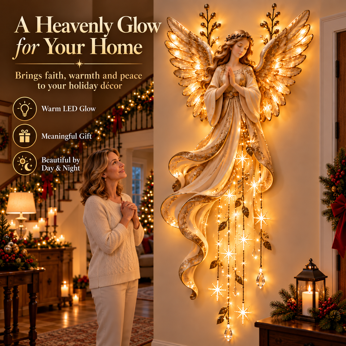 👼✨ Guardian Angel Starfall Cascade™ – Lighted Faith & Blessing Christmas Wall Decor
