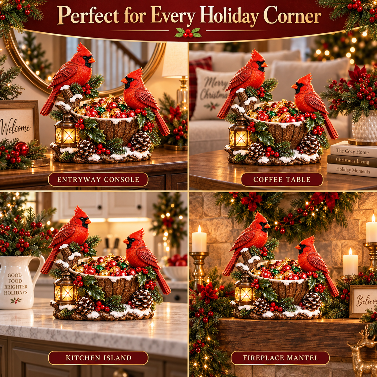 Cardinal Christmas Treat Bowl displayed around the home