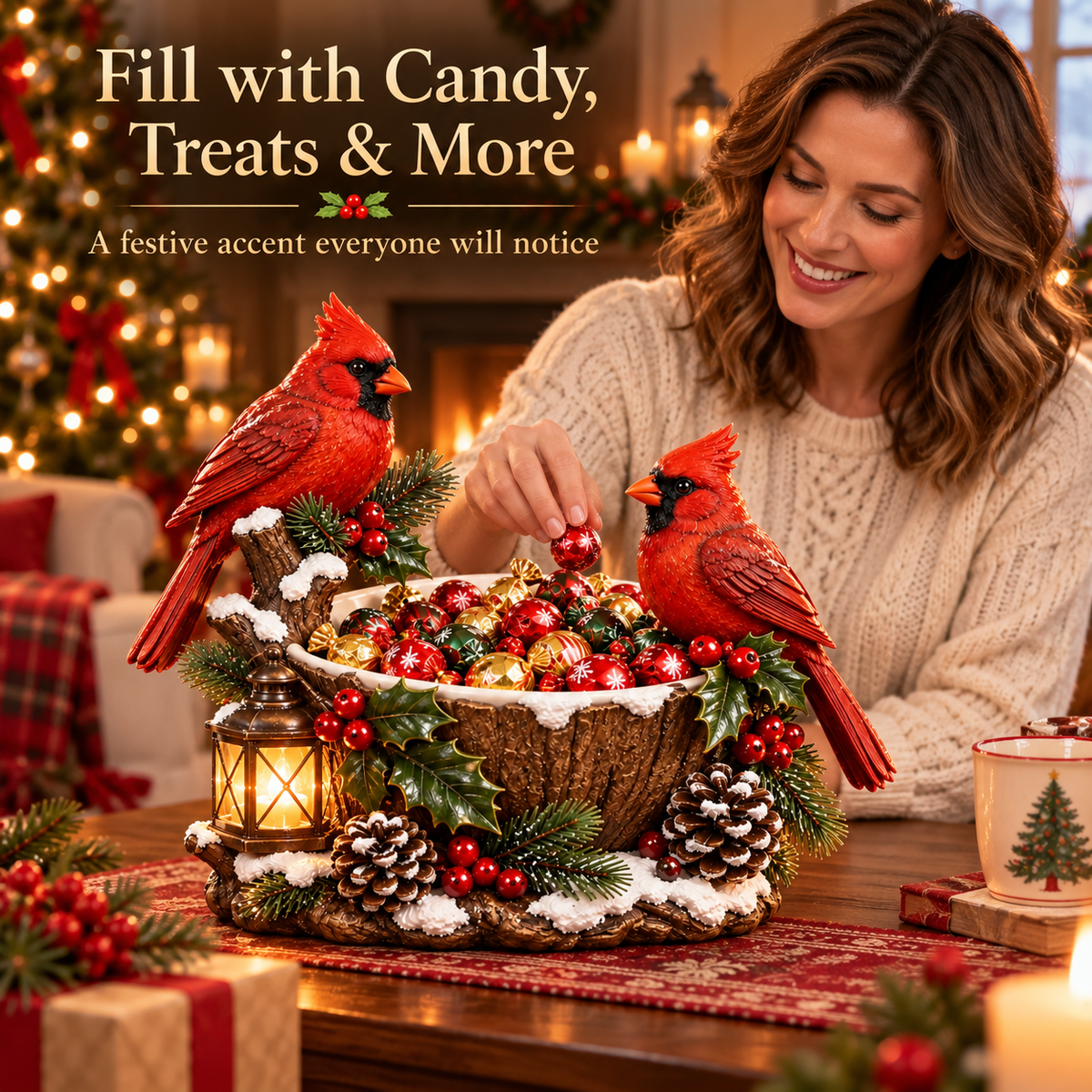 Woman taking Christmas candy from Cardinal Treat Bowl