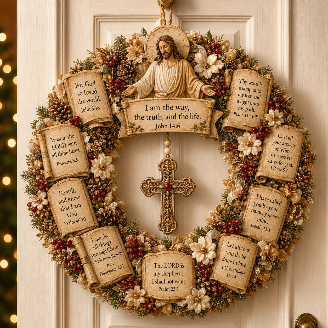 ✝️ Jesus Scripture Wreath | Handcrafted Christian Wood Décor with Bible Verses, Hanging Cross & Faith-Inspired Vintage Details 🙏