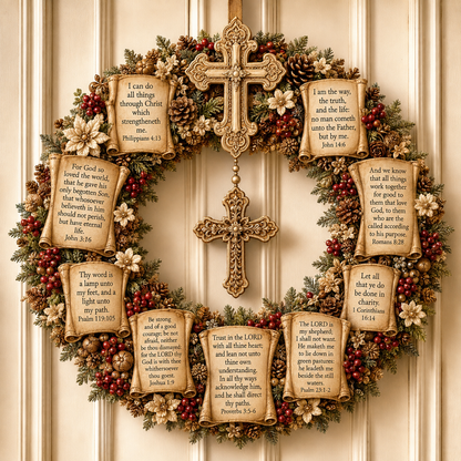 ✝️ Jesus Scripture Wreath | Handcrafted Christian Wood Décor with Bible Verses, Hanging Cross & Faith-Inspired Vintage Details 🙏