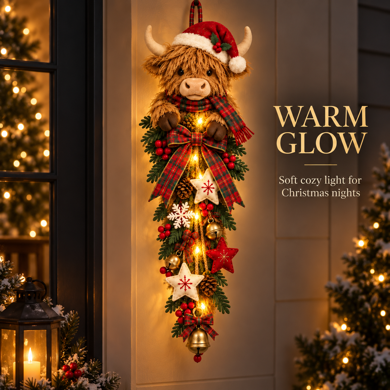Highland cow Christmas swag displayed as a hanging door decoration