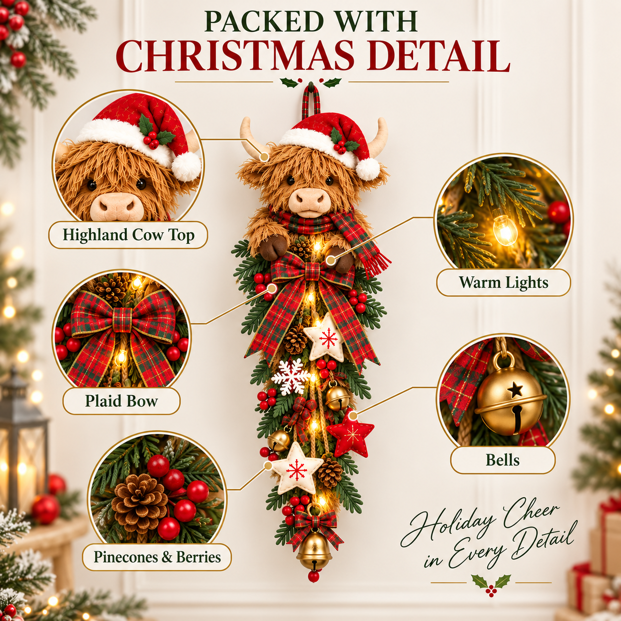 Warmly illuminated Highland cow Christmas hanging door swag at night